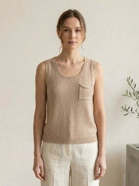 MINE Knit Vest Button Back Sleeveless Sweater Tank Neutral Beige Large